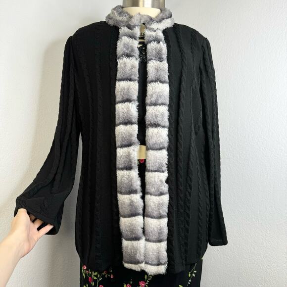 Ming Wang Black Faux Fur Cable Knit Open Wool Blend Cardigan Sweater 0X - Picture 1 of 13
